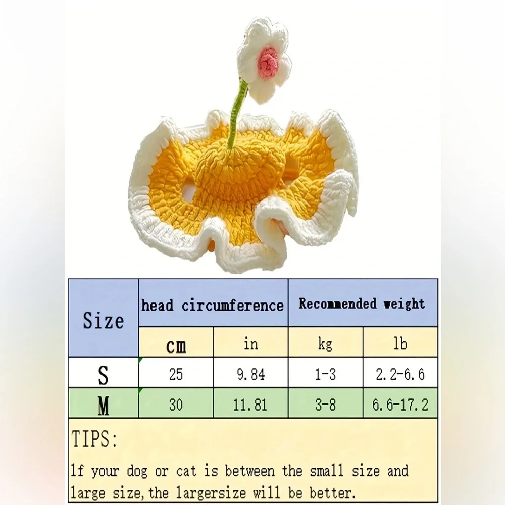 Cat or Dog Crochet Ruffle Sun Hat with Flower - Yellow and White